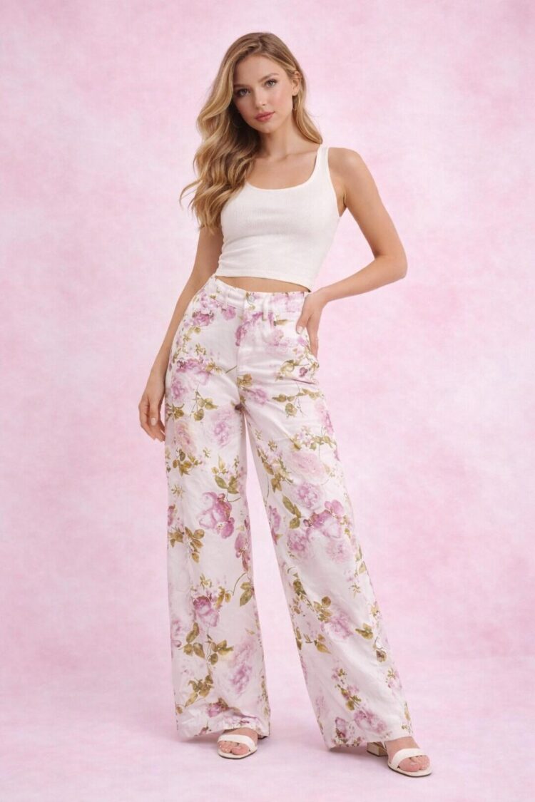 Floral Wide Leg Παντελόνι με Ροζ Λουλούδια