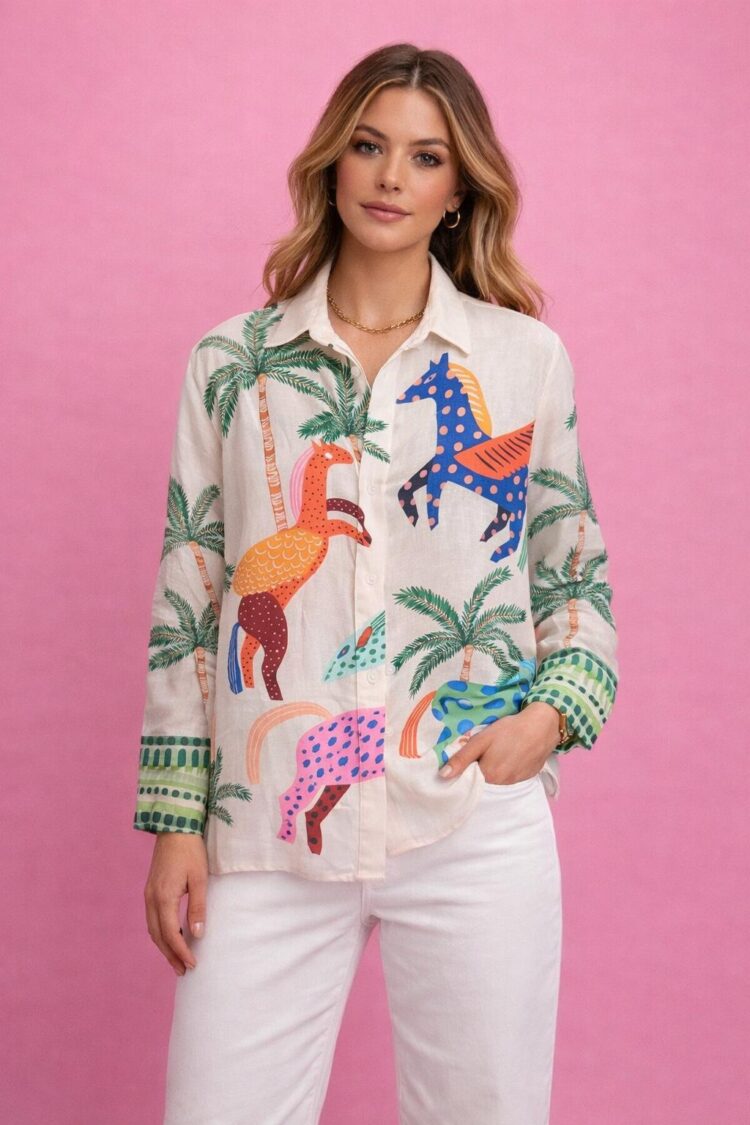 Λινό Πουκάμισο με πολύχρωμο Tropical Print