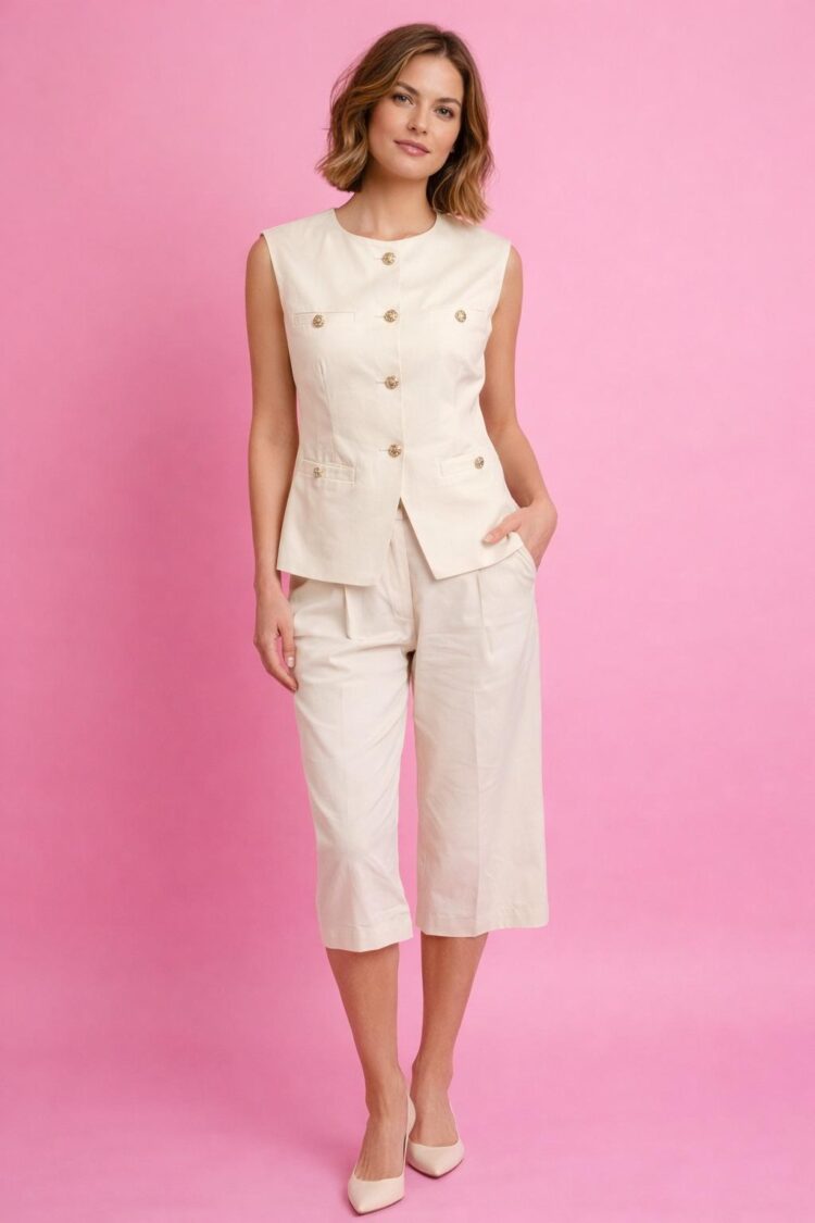 Minimal Μπεζ Σετ Γιλέκο με Παντελόνι Κάπρι