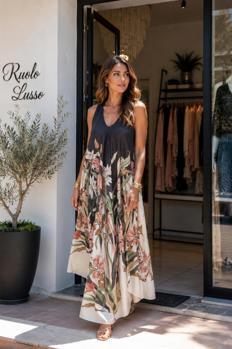 Maxi Floral Φόρεμα με Μαύρο Μπούστο