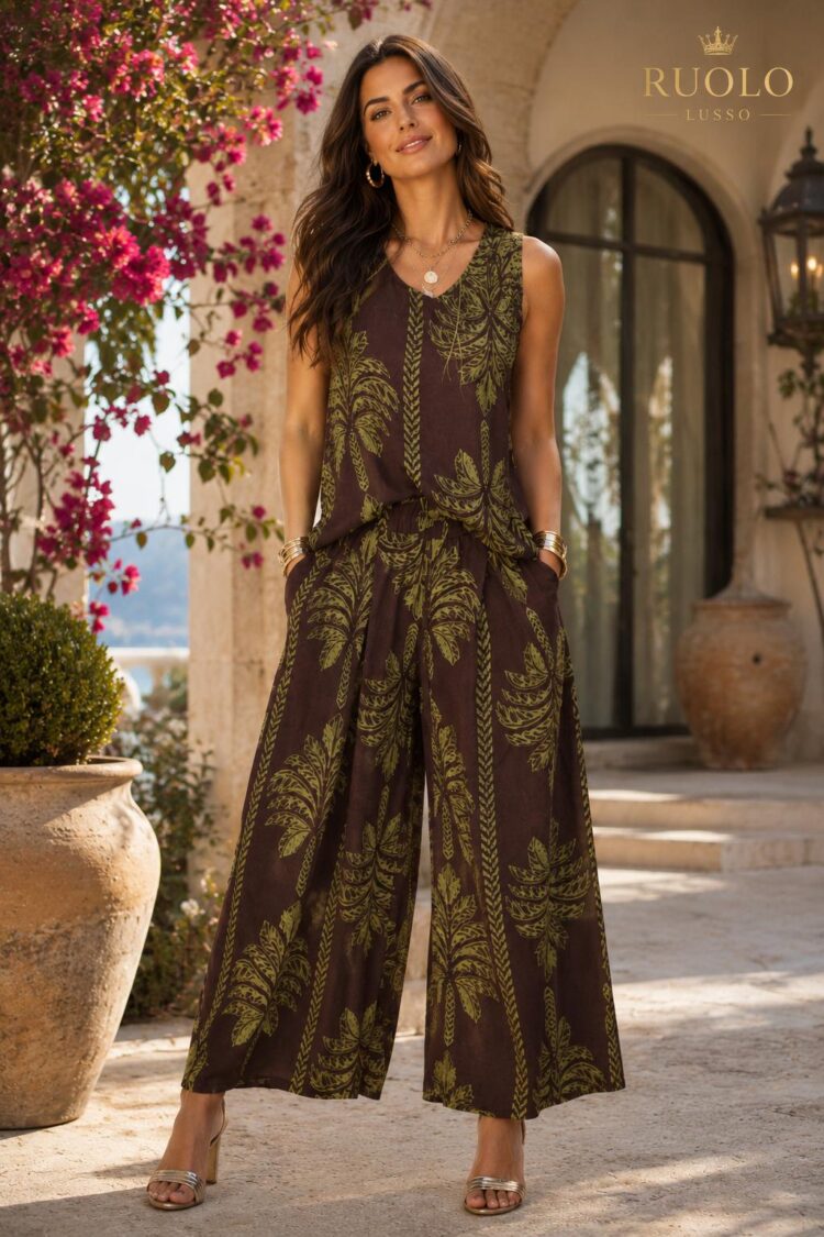 Γυναικείο Σετ Παντελόνα με Μπλούζα – Olive Botanical Print
