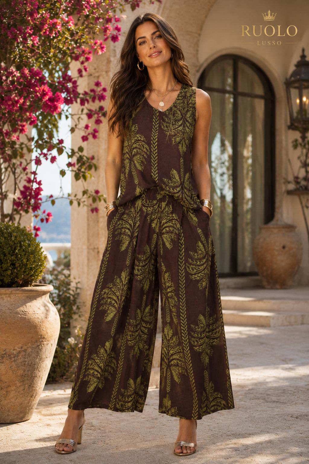 Γυναικείο Σετ Παντελόνα με Μπλούζα – Olive Botanical Print