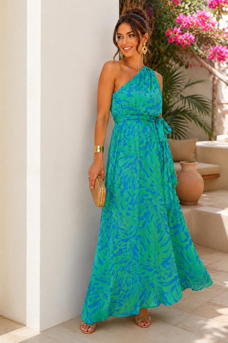 Maxi Φόρεμα One Shoulder με Ζώνη – Πράσινο/Μπλε Prin