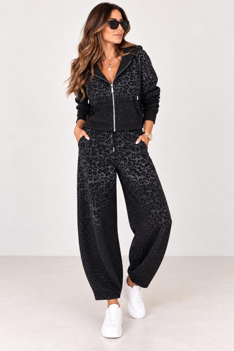 Μαύρο Σετ Φόρμας με Animal Print & Strass