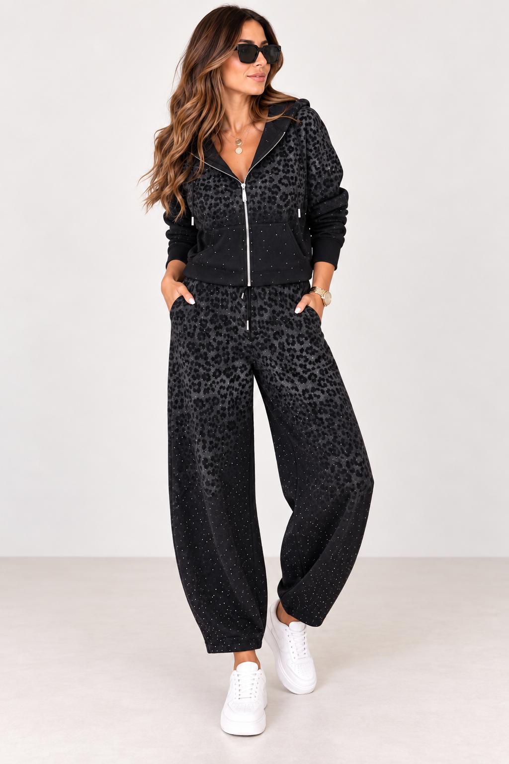 Μαύρο Σετ Φόρμας με Animal Print & Strass